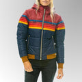 Women's Hooded Puffer Jacket with Retro Colorblock Stripes - Marine Blue