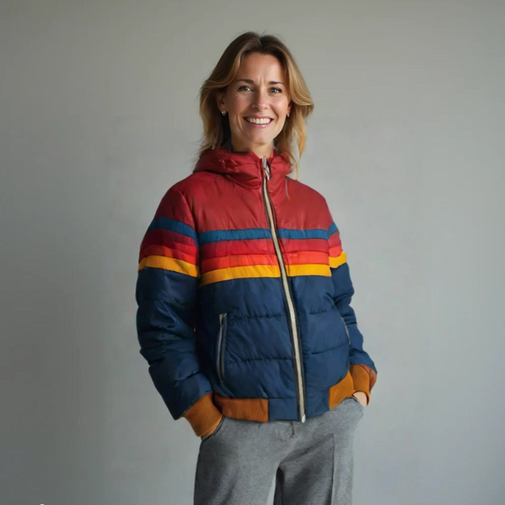 Women's Hooded Puffer Jacket with Retro Colorblock Stripes