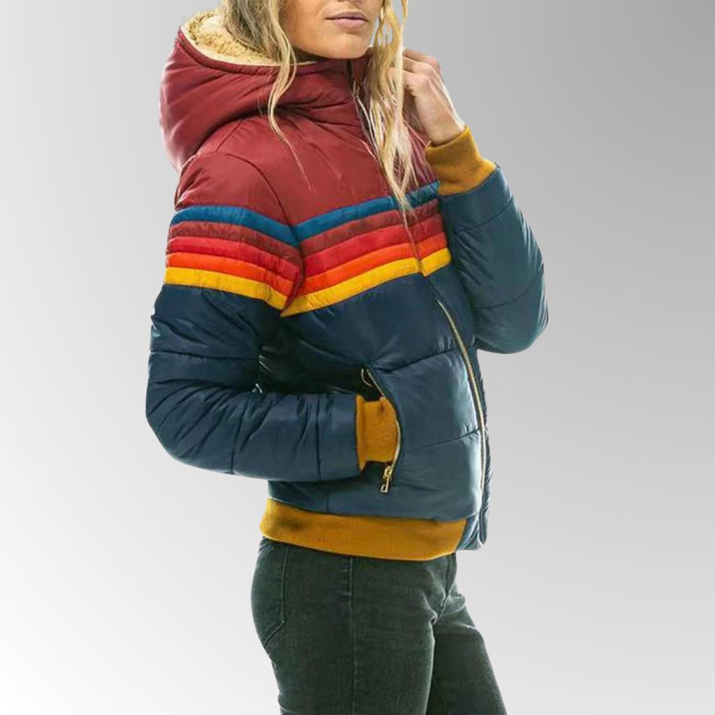 Women's Hooded Puffer Jacket with Retro Colorblock Stripes
