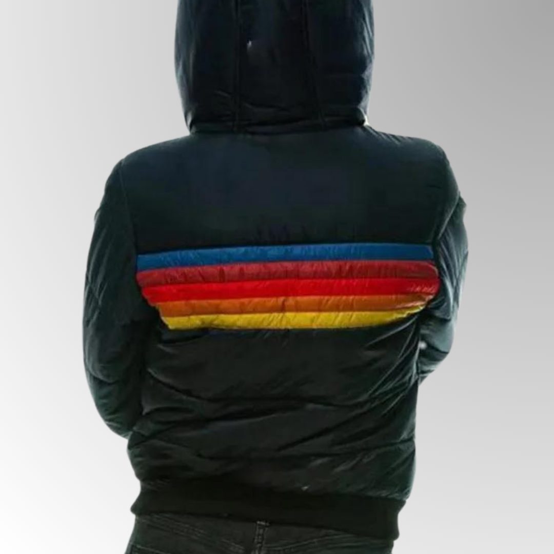 Women's Hooded Puffer Jacket with Retro Colorblock Stripes