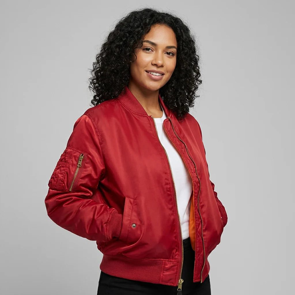 Women's Ribbed-Cuff Zip Bomber with Side and Sleeve Pockets - Red