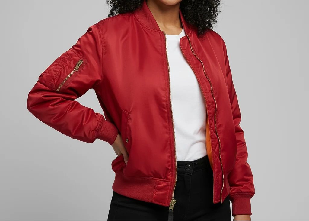 Women's Ribbed-Cuff Zip Bomber with Side and Sleeve Pockets