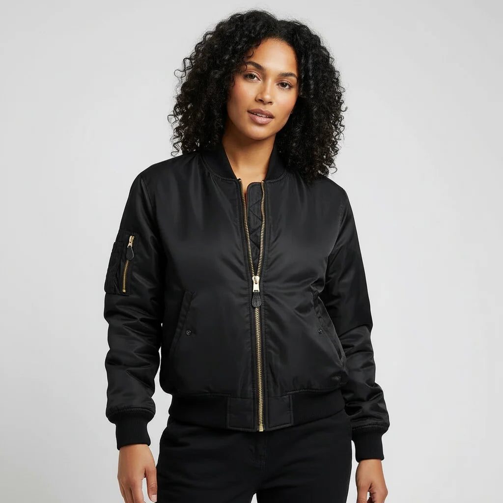 Women's Ribbed-Cuff Zip Bomber with Side and Sleeve Pockets