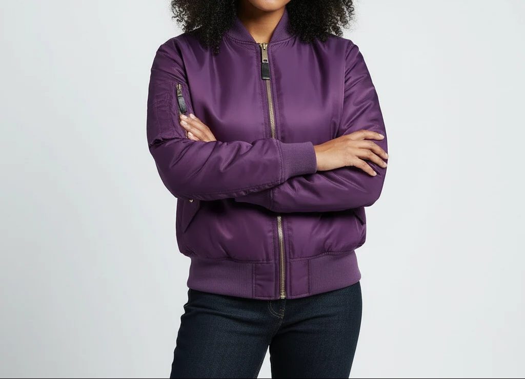 Women's Ribbed-Cuff Zip Bomber with Side and Sleeve Pockets