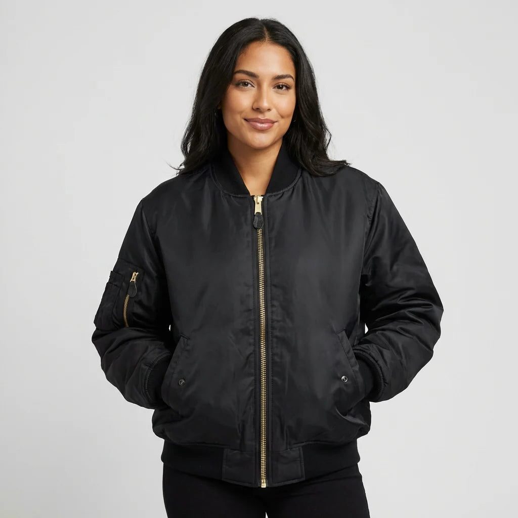 Women's Ribbed-Cuff Zip Bomber with Side and Sleeve Pockets
