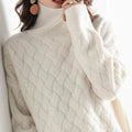 Women's Relaxed Cable Turtleneck Sweater for Fall and Winter - Beige