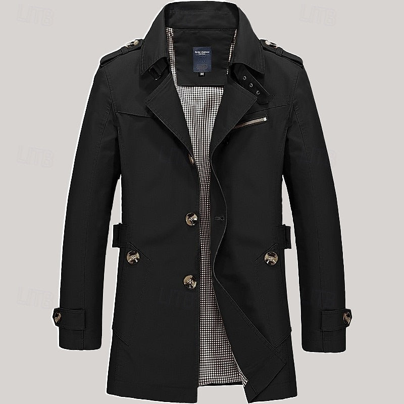 Men's Three-Season Trench Coat with Button Front and Lapel Collar