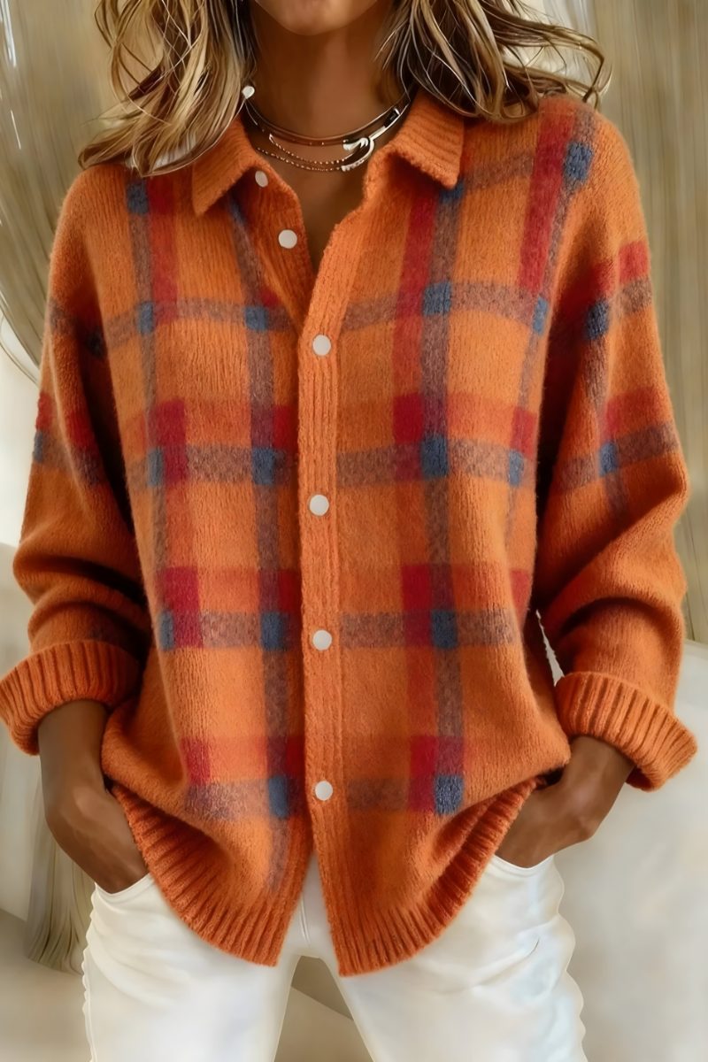Women's Oversized Plaid Cardigan for Easy Everyday Layering - Orange