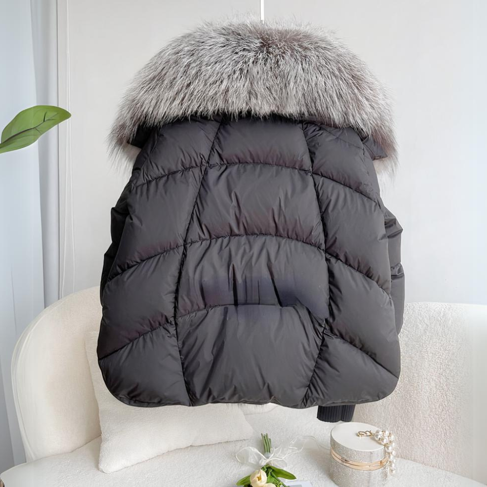 Women's Quilted Cropped Puffer with Faux Fur Trim and Knit Sleeves