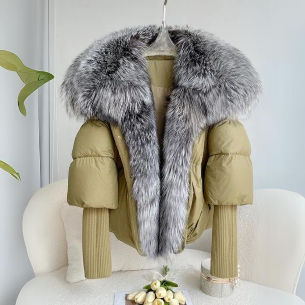Women's Quilted Cropped Puffer with Faux Fur Trim and Knit Sleeves - Olive Green