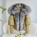 Women's Quilted Cropped Puffer with Faux Fur Trim and Knit Sleeves - Olive Green