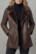 Women's Relaxed Leather-Look Jacket with Plush Faux Fur Collar - Brown
