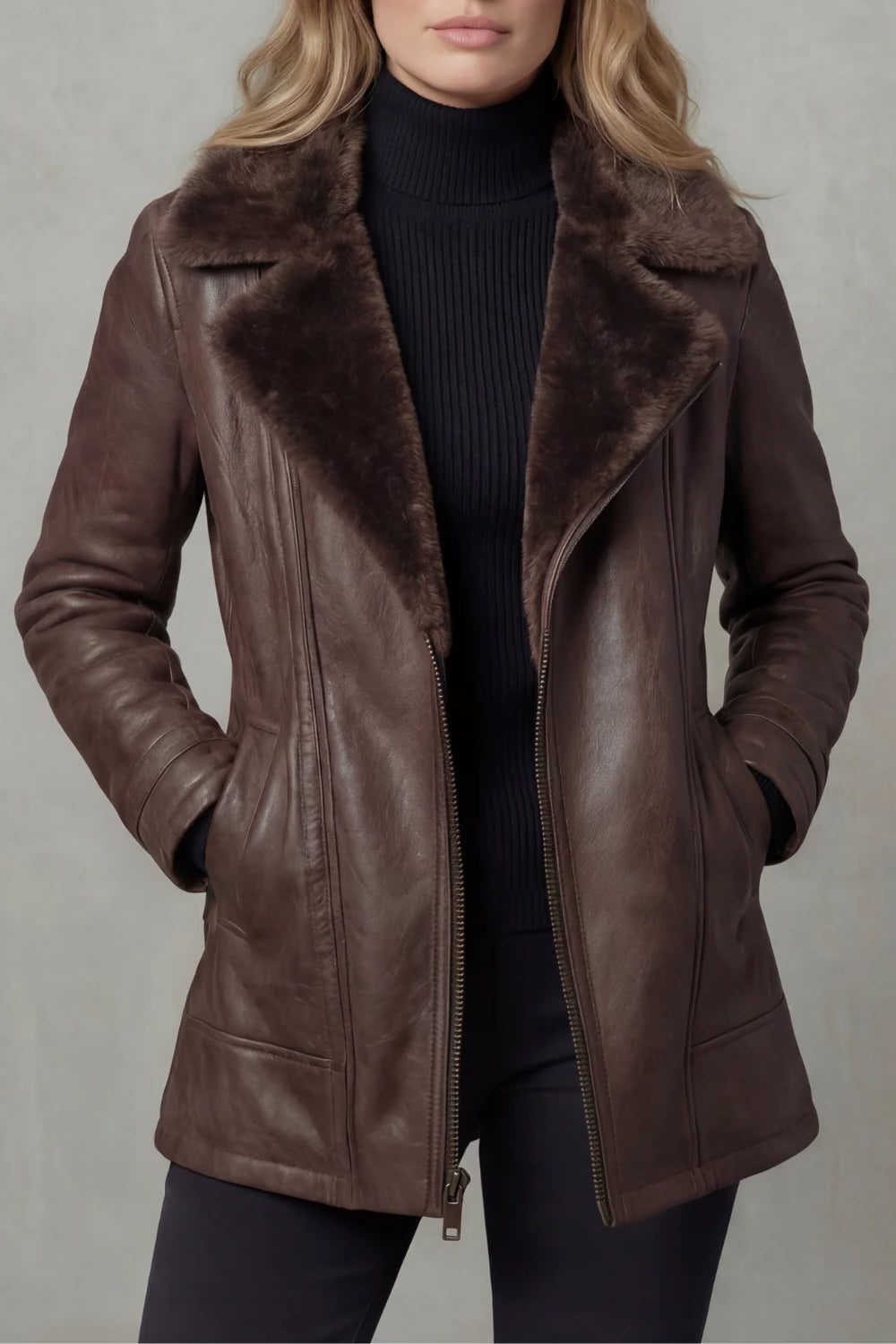 Women's Relaxed Leather-Look Jacket with Plush Faux Fur Collar - Brown