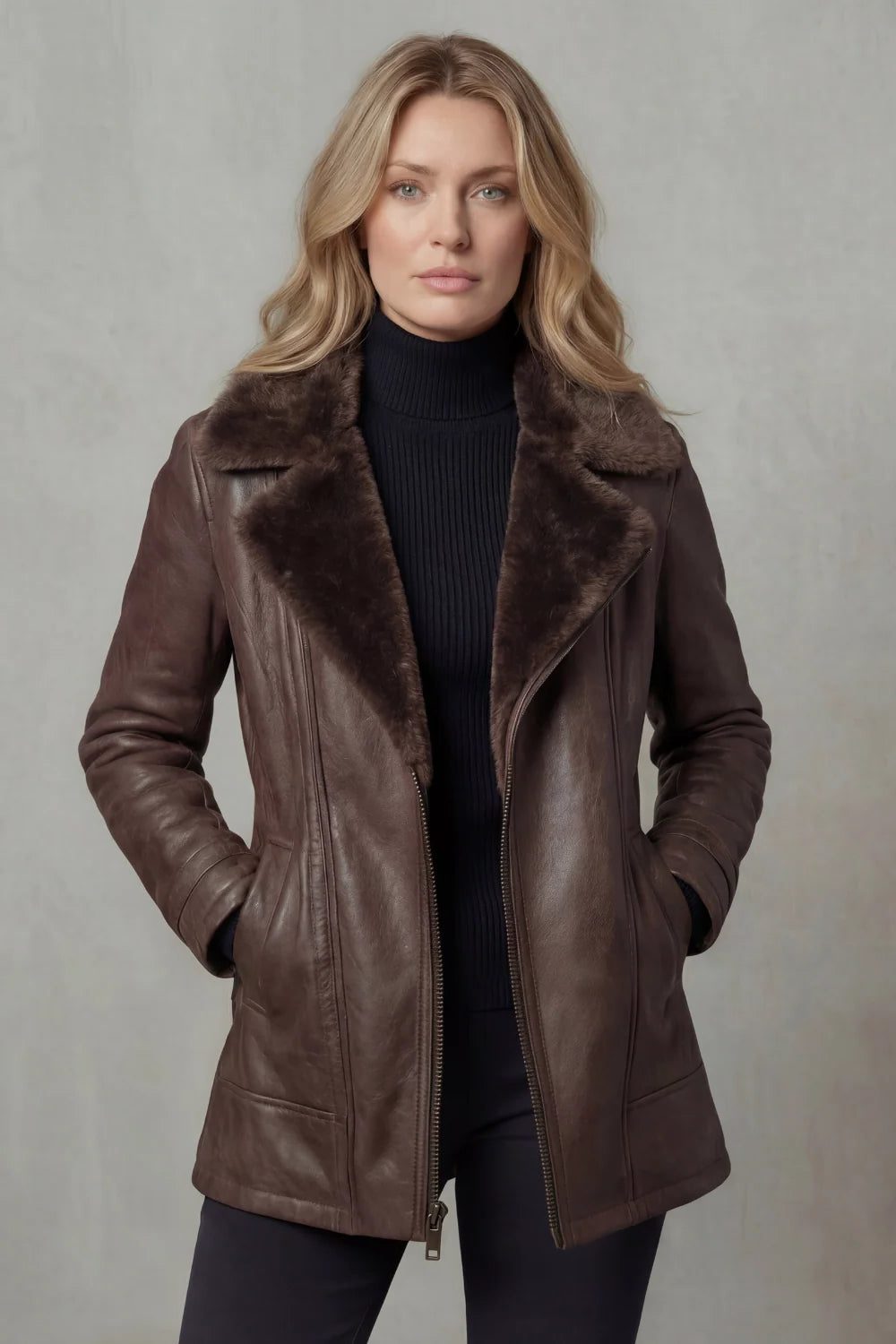 Women's Relaxed Leather-Look Jacket with Plush Faux Fur Collar