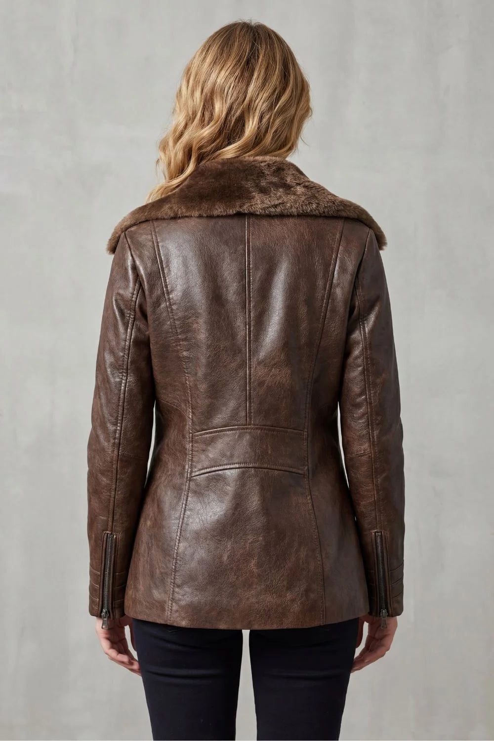 Women's Relaxed Leather-Look Jacket with Plush Faux Fur Collar