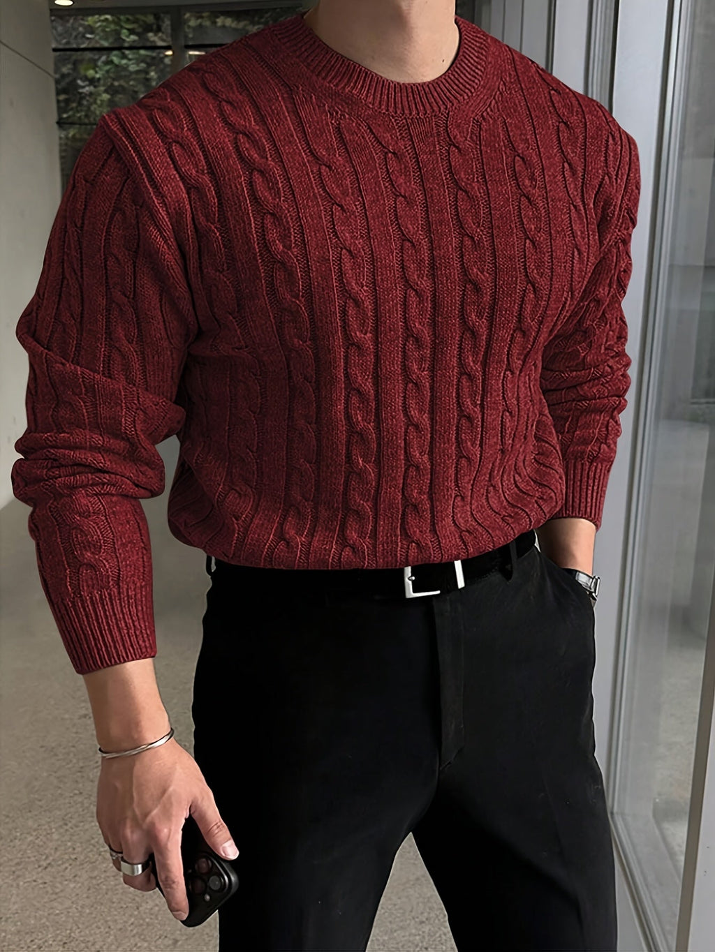 Men's Relaxed Textured Cable Sweater for Work and Weekends