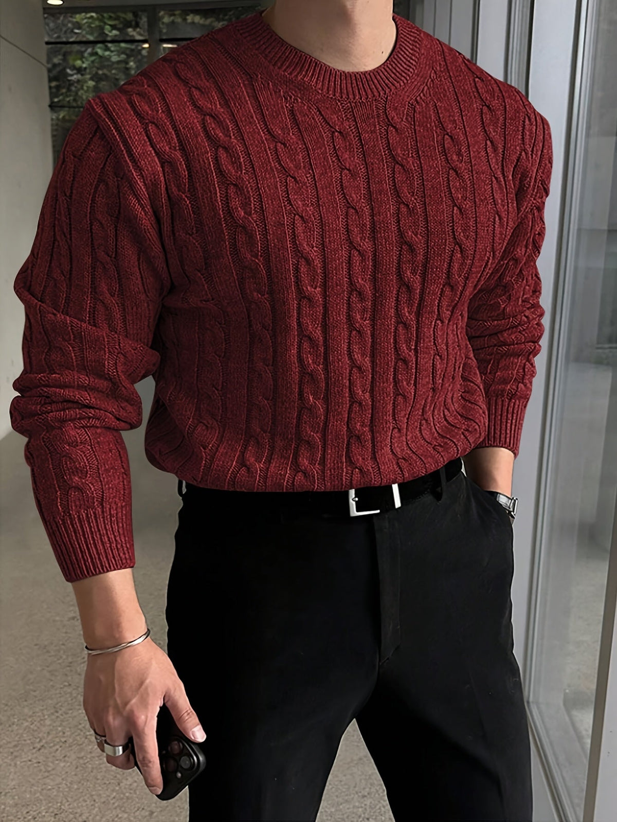 Men's Relaxed Textured Cable Sweater for Work and Weekends