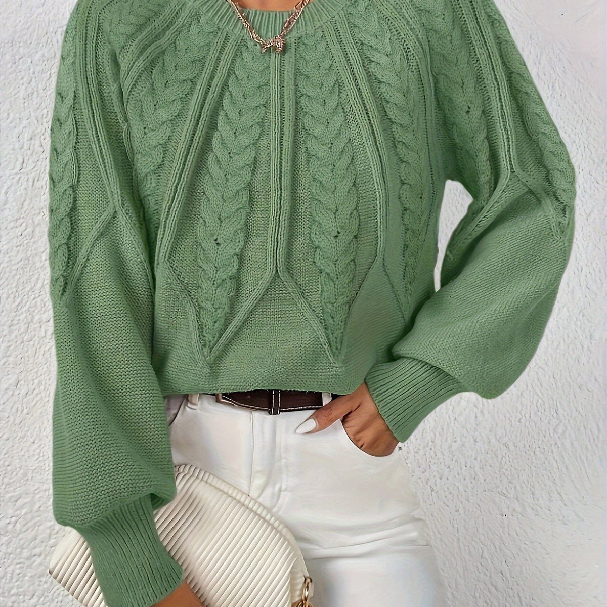Women's Relaxed Cable-Knit Sweater with Raglan Sleeves and Ribbed Hem - Matcha