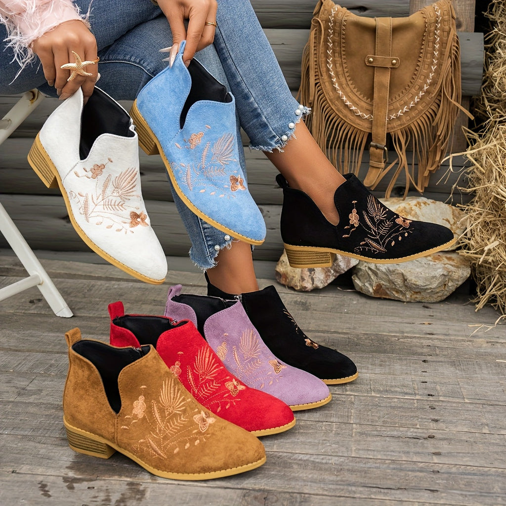 Women's Pointed Low Heel Booties with Delicate Embroidery