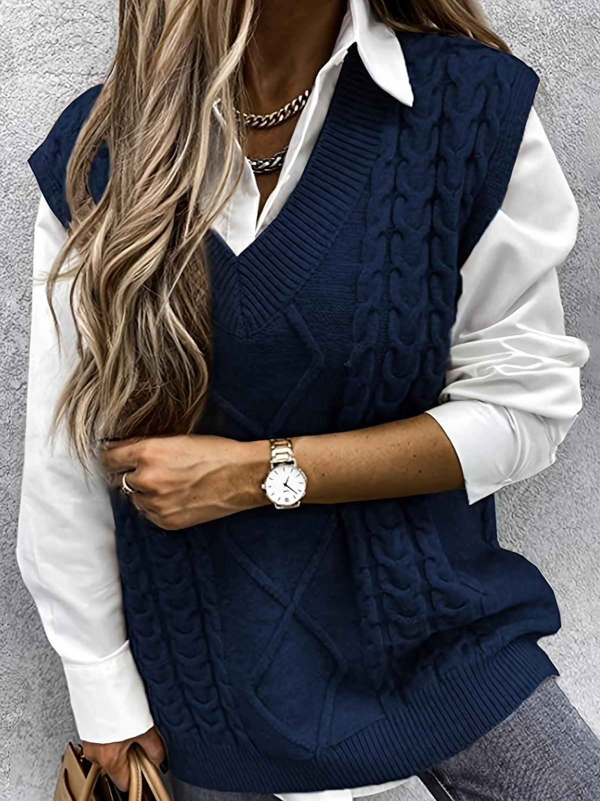 Women's Cable-Knit V-Neck Sweater Vest in a Relaxed Fit
