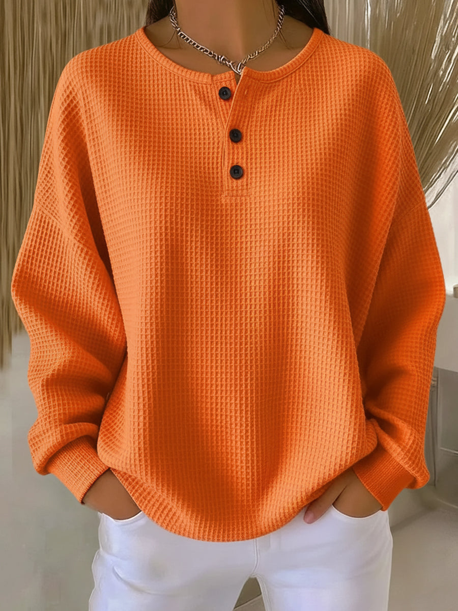Women's Relaxed Long-Sleeve Henley Top with Button Placket - Orange