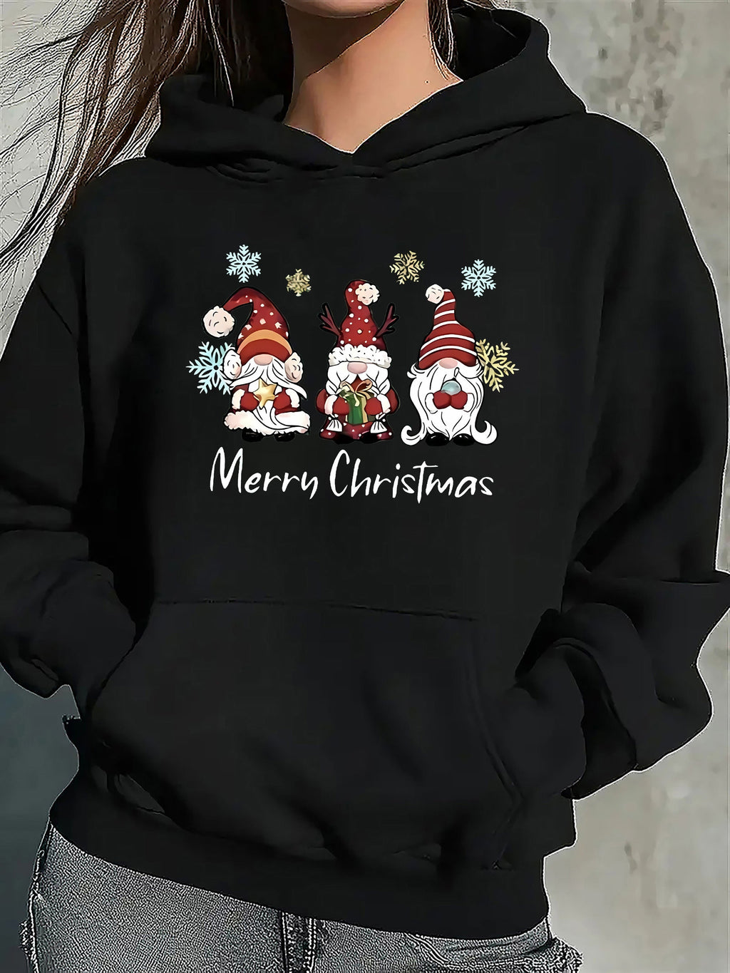 Women's Gnome and Snowflake Holiday Sweater with Pouch Pocket - Black