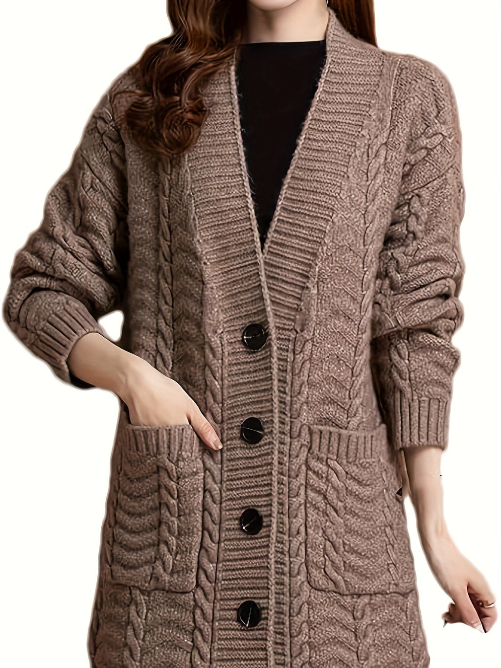 Women's Cable-Knit Long Cardigan with Buttons and Front Pockets