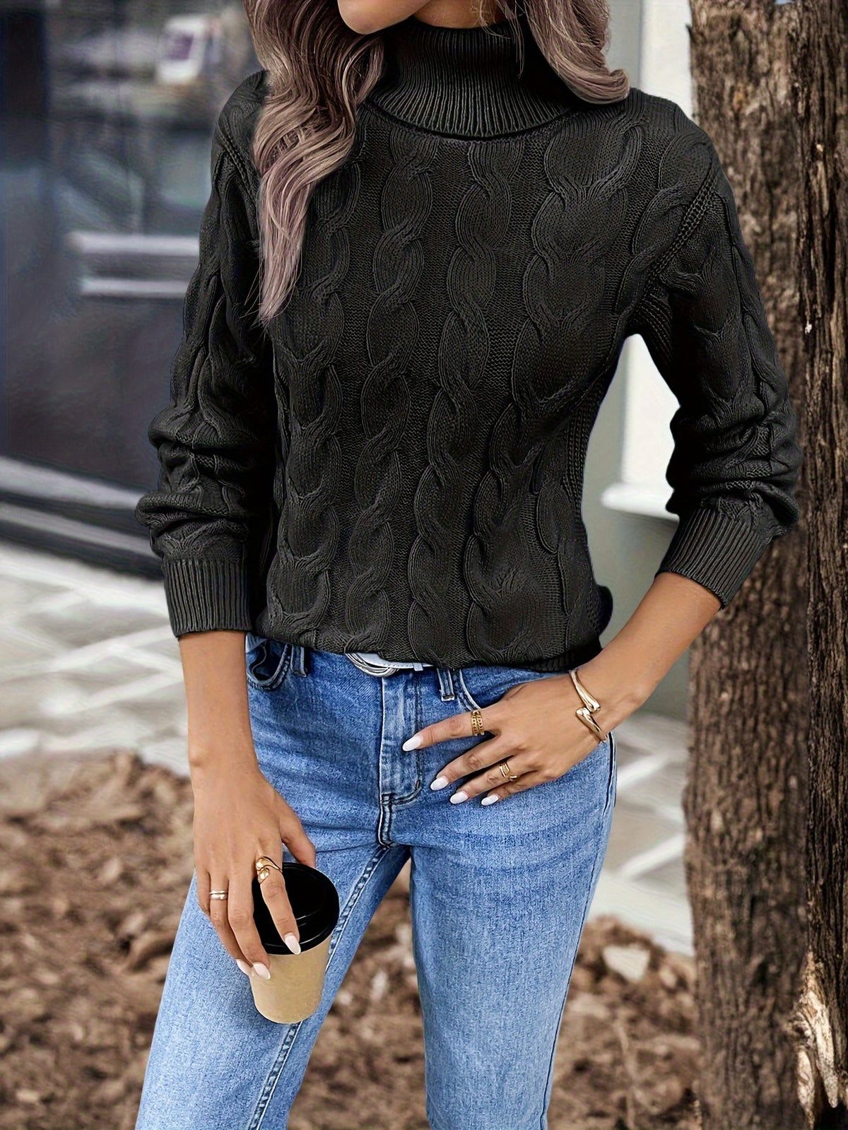Women's Twisted Cable Turtleneck Sweater in a Lightly Shaped Fit