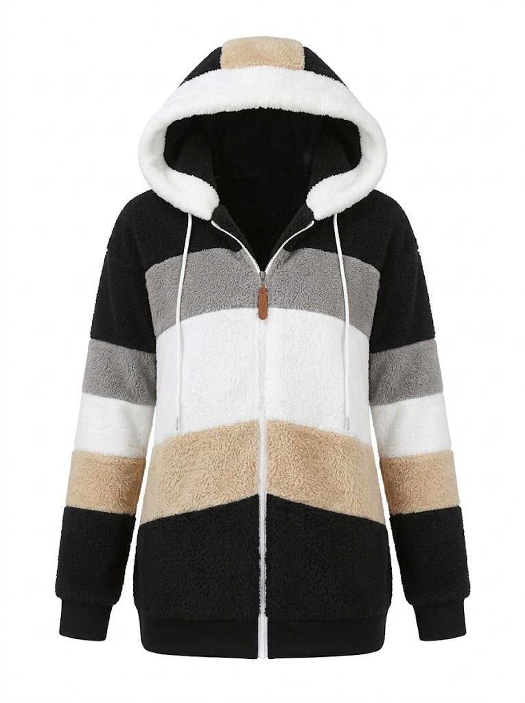 Women's Paneled Teddy Fleece Zip Hoodie with Ribbed Cuffs - Black