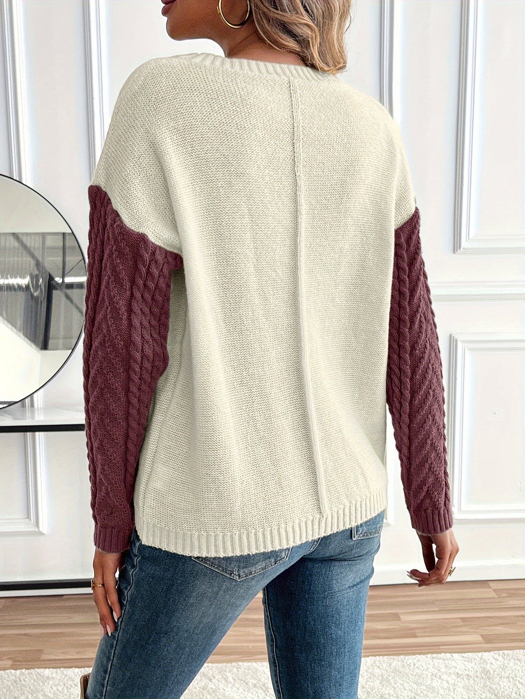 Women's Relaxed Two-Tone Cable Sweater with Front Pocket