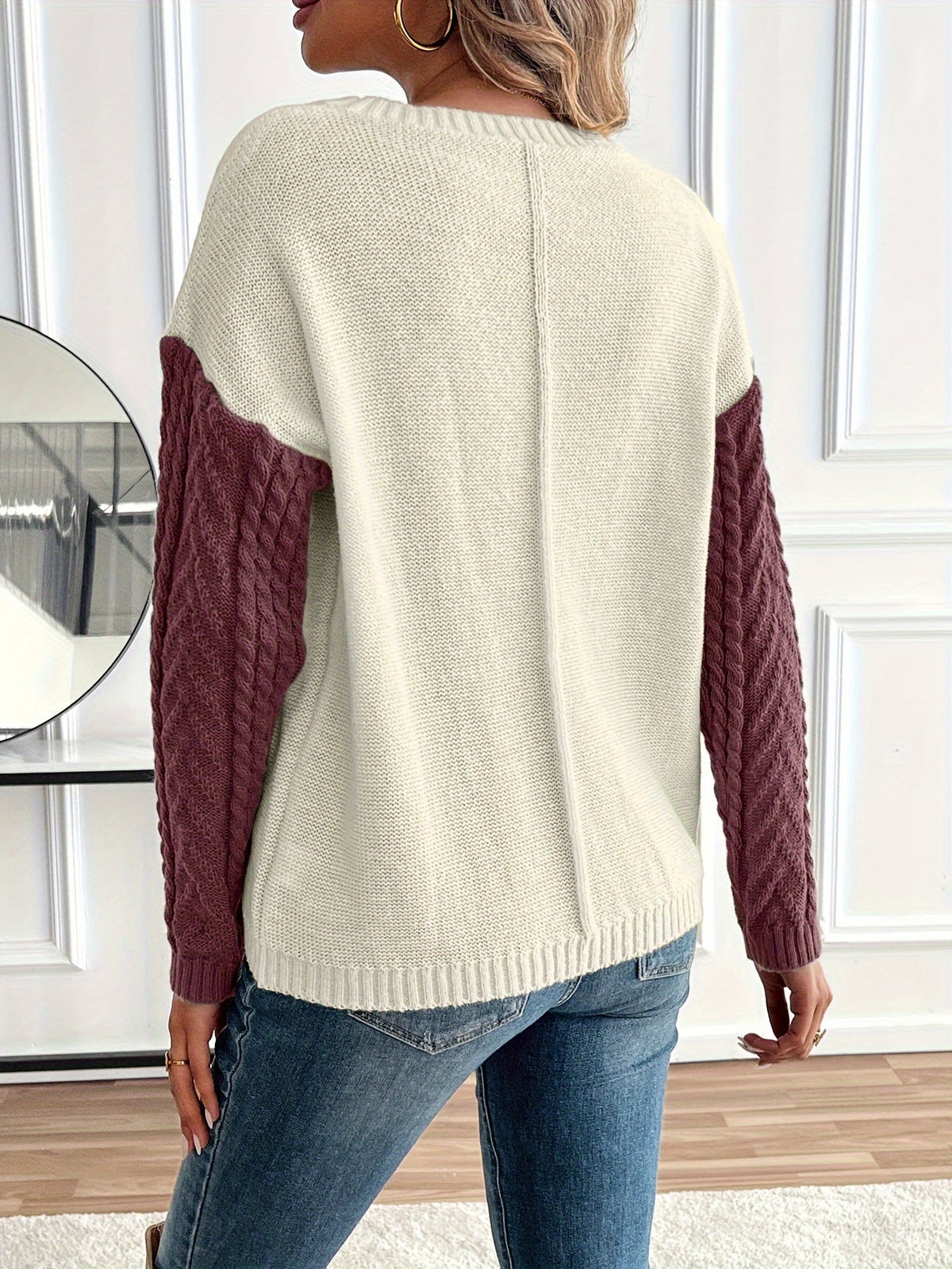 Women's Relaxed Two-Tone Cable Sweater with Front Pocket