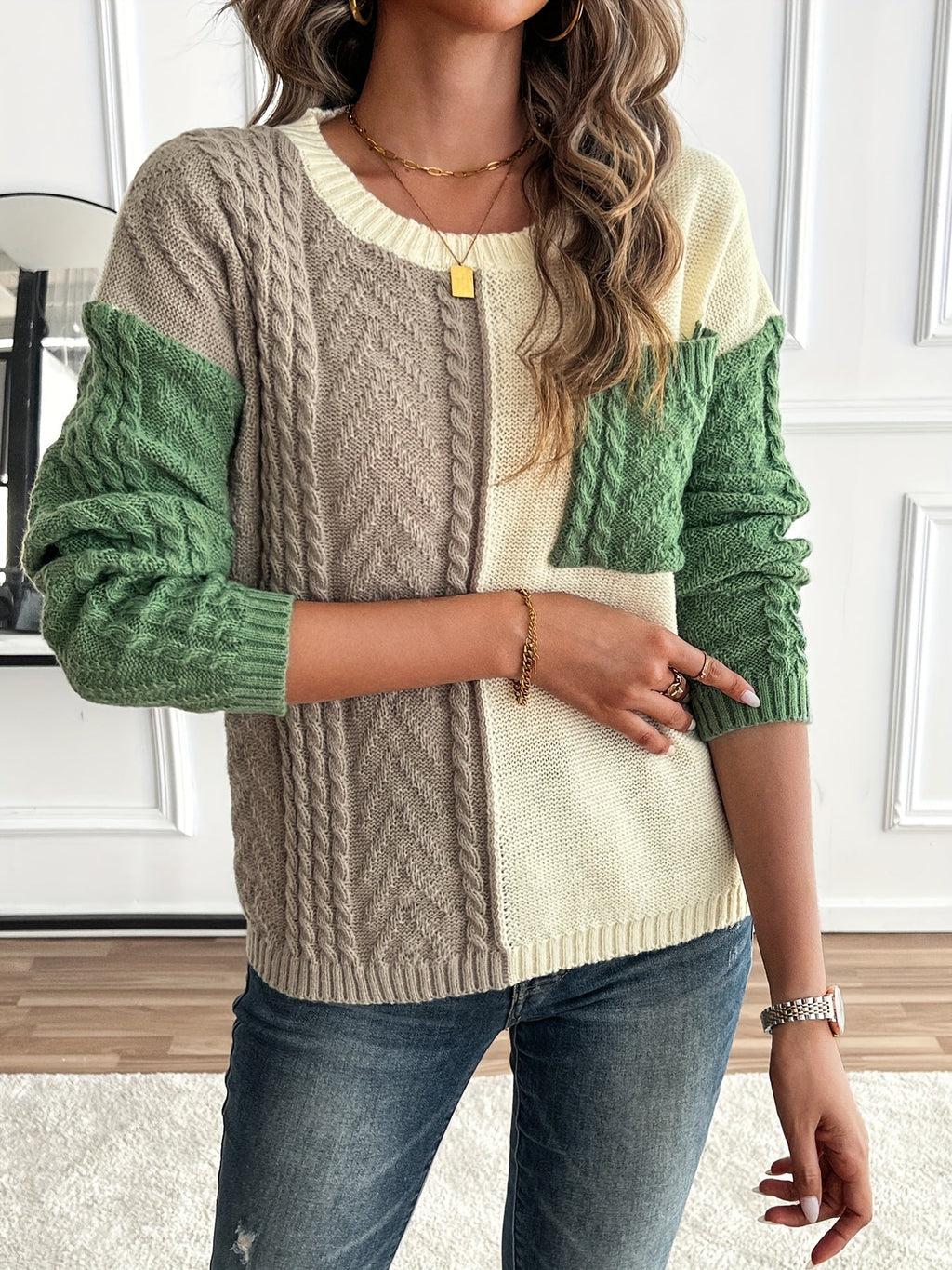 Women's Relaxed Two-Tone Cable Sweater with Front Pocket