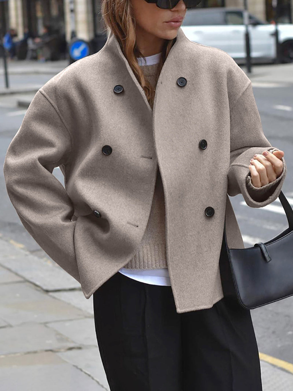 Women's Cropped Stand-Collar Coat with Double-Breasted Front - Taupe