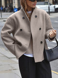 Women's Cropped Stand-Collar Coat with Double-Breasted Front - Taupe