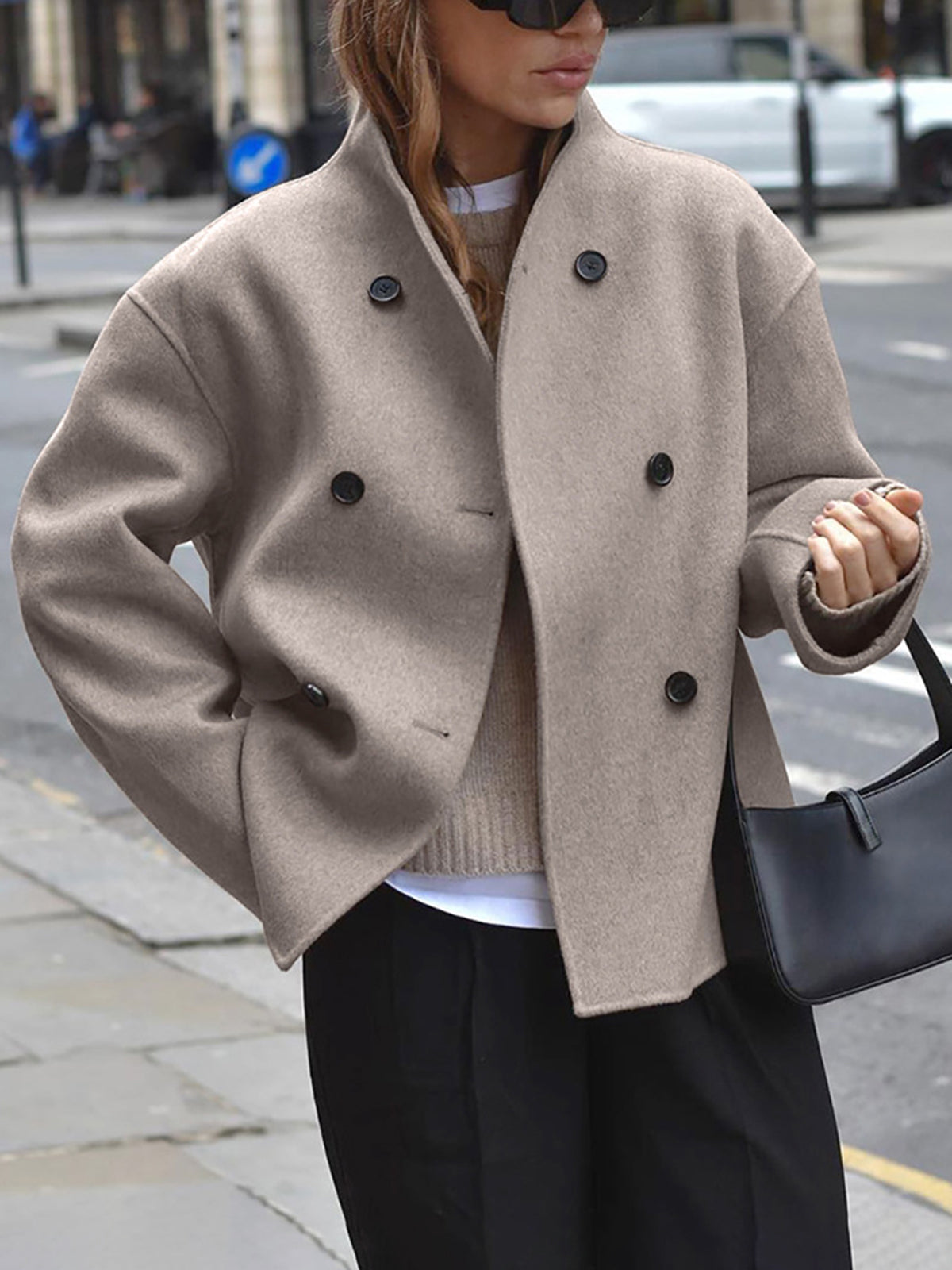 Women's Cropped Stand-Collar Coat with Double-Breasted Front - Taupe