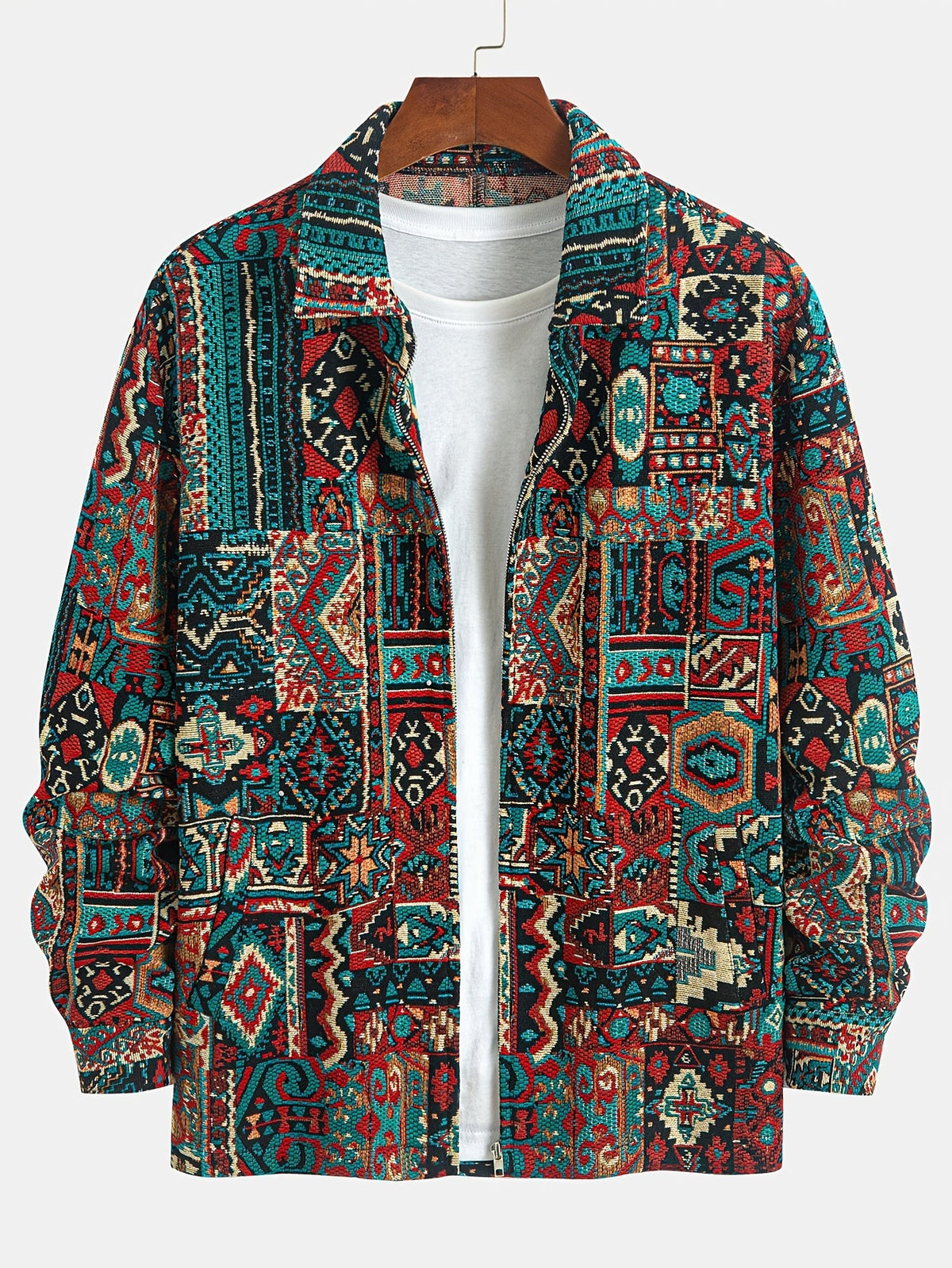 Men's Lapel-Collar Zip Jacket in an Artisan Woven Pattern