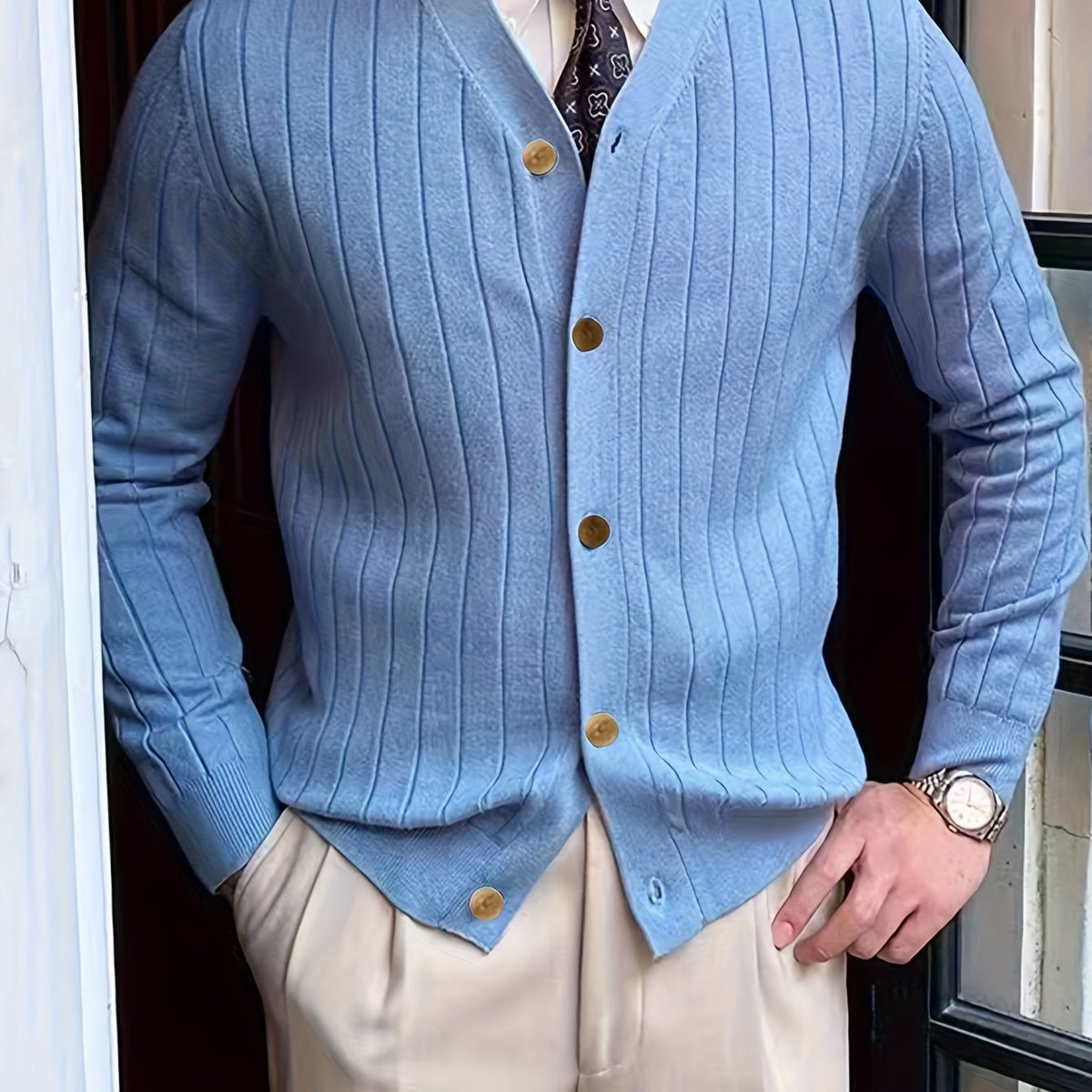 Men's Relaxed Button-Up Cardigan Sweater for Cool Mornings - Sky Blue