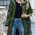 Women's Hooded Zip-Front Parka with Adjustable Waist and Flap Pockets - Olive Green