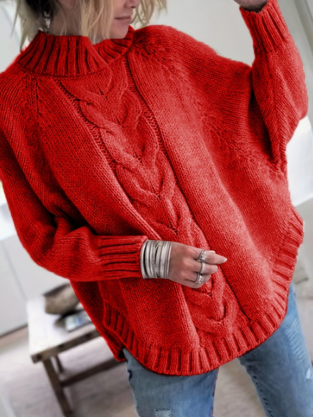Women's Relaxed Thick Cable-Knit Sweater with Tall Neck