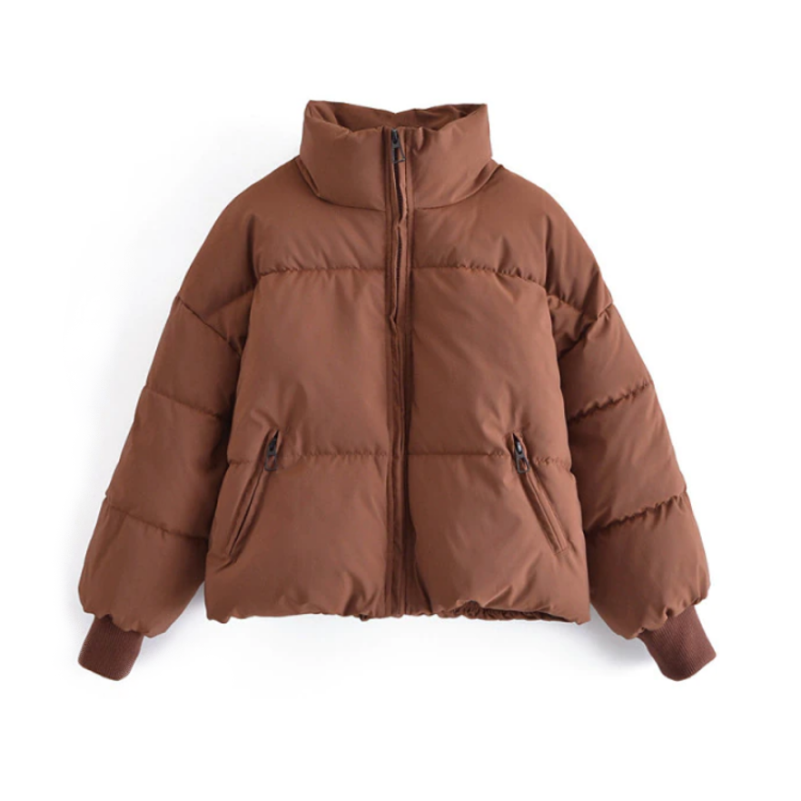 Women's Stand-Collar Water-Resistant Puffer with Ribbed Cuffs - Brown