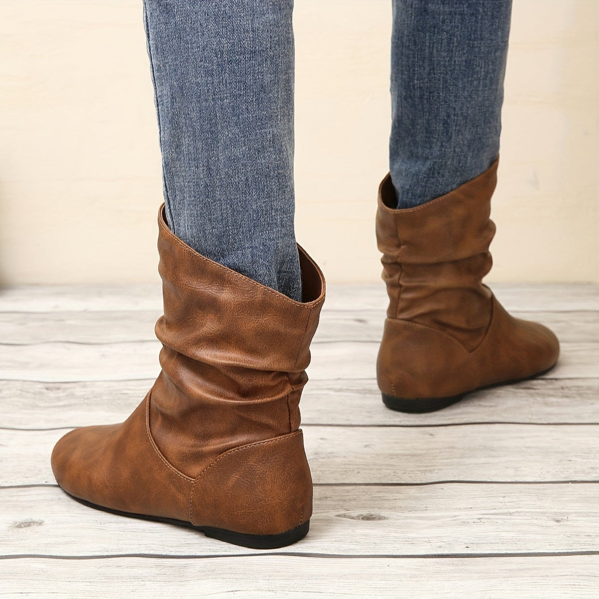 Women's Gathered-Ankle Flat Boots with Easy Slip-On Entry - Light Brown