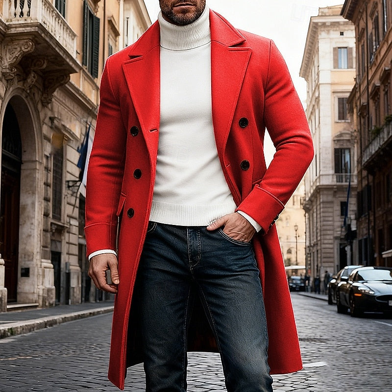 Men's Longline Double-Breasted Topcoat with Generous Pockets