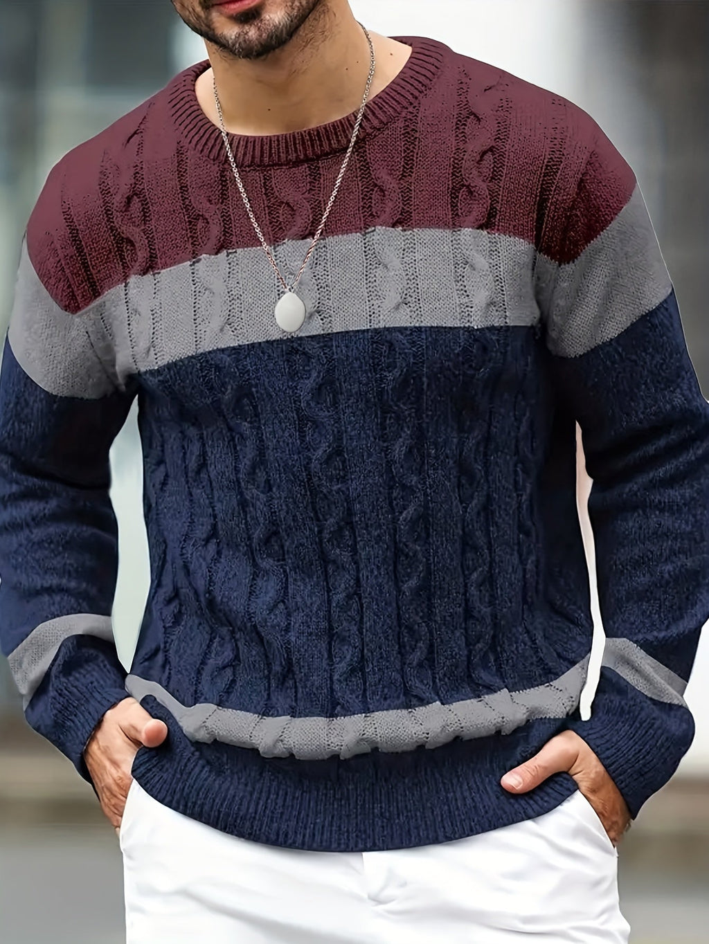 Men's Contrast-Block Cable-Knit Pullover Sweater