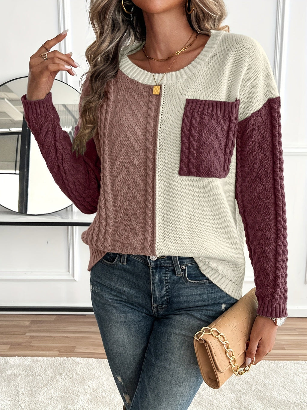 Women's Relaxed Two-Tone Cable Sweater with Front Pocket