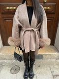 Women's Belted Wool Wrap Jacket with Shawl Collar and Plush Cuffs - Beige