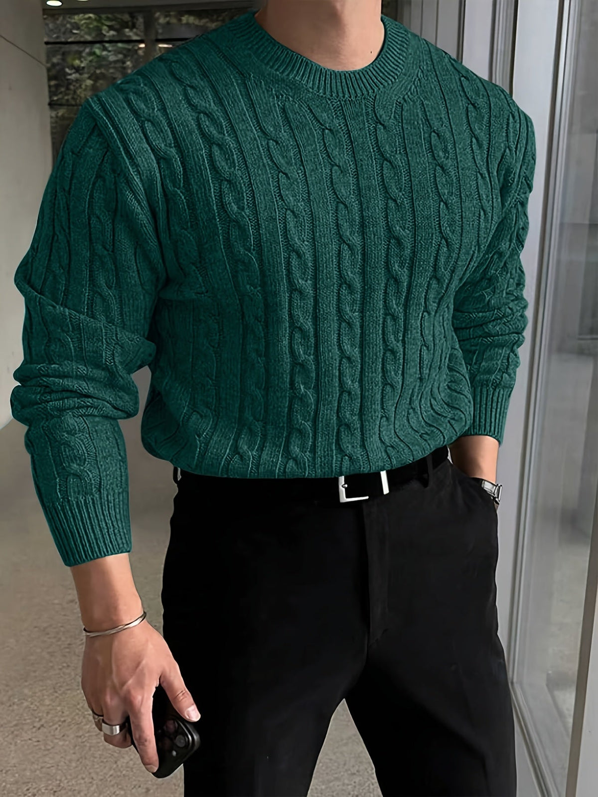 Men's Relaxed Textured Cable Sweater for Work and Weekends