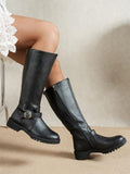 Women's Riding-Inspired Tall Boots with Grippy Lug Sole and Buckle - Black