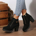 Women's Platform Block-Heel Ankle Boots with Laces and Buckle Accent - Black
