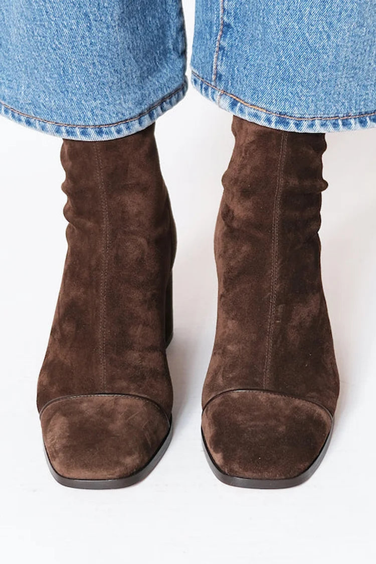 Women's Faux Suede Square-Toe Booties with Stitched Tip