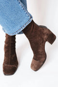 Women's Faux Suede Square-Toe Booties with Stitched Tip - Brown
